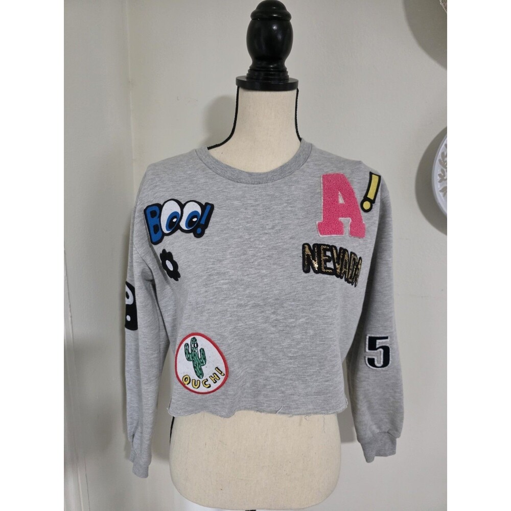 Cool TOPSHOP Cropped Grey Sweatshirt Embroidered Appliques Patch Top Shirt Sz SP